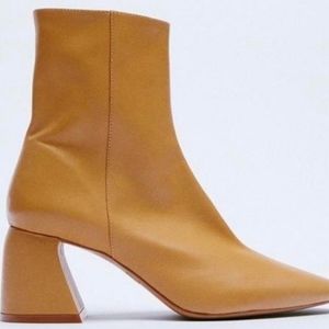 ZARA 100% LEATHER MID HEELED ANKLE BOOTS CAMEL / TAN SZ 38